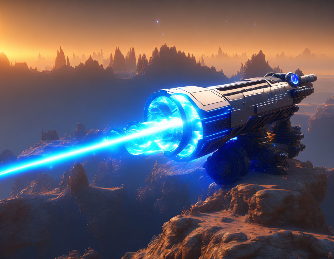 Blue energy cannon firing powerful beam on alien landscape with orange skies