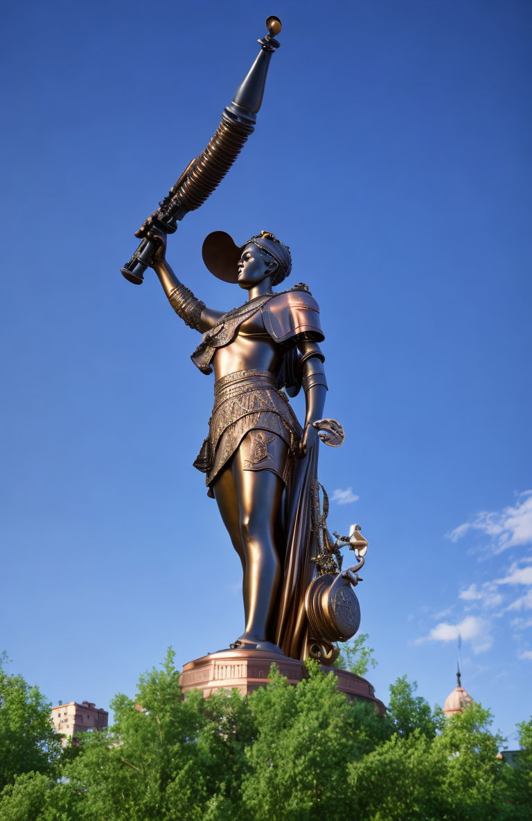 Warrior statue with horn under clear blue sky