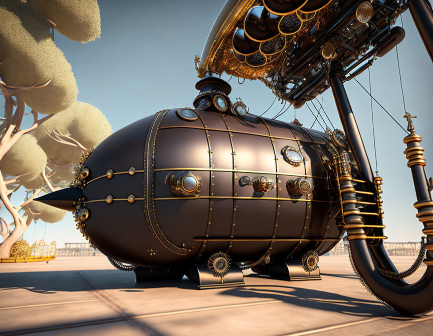 Steampunk-style airship with bronze hull and intricate detailing near whimsical trees.