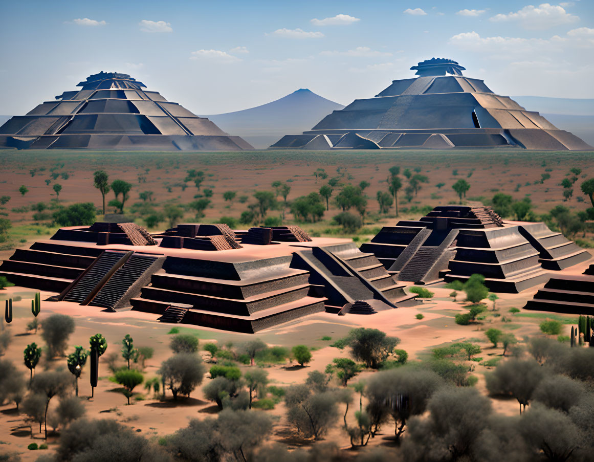 Expansive desert landscape with stylized pyramids and cacti under clear sky