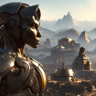 Robotic figure with human-like features in ancient cityscape at sunset