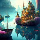 Colorful glowing city on floating islands with purple foliage, calm waters, boats, twilight sky
