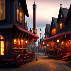 Charming twilight scene of cobbled street with ornate wooden buildings
