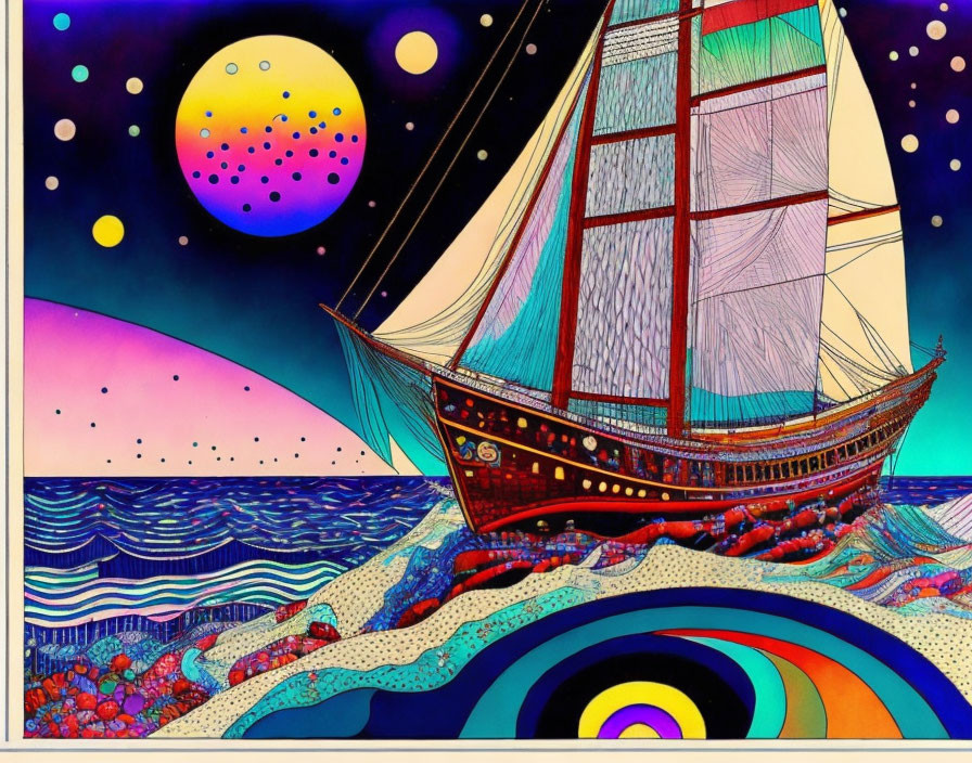 Colorful sailing ship on psychedelic sea with whimsical patterns, stylized sun and moon.