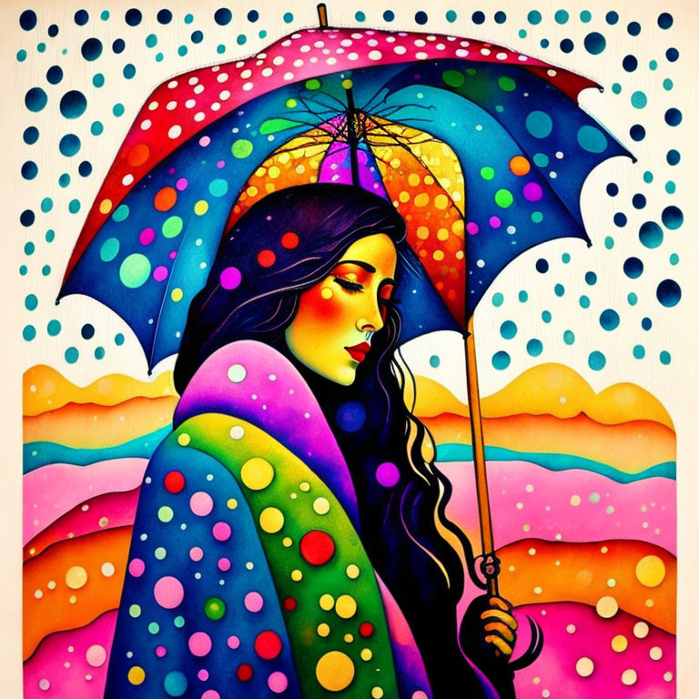 Vibrant woman with umbrella in colorful pop-art style
