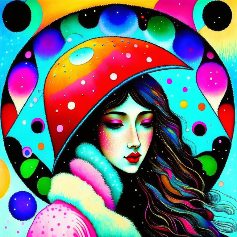 Colorful Woman with Red Mushroom Cap Umbrella and Bubbles