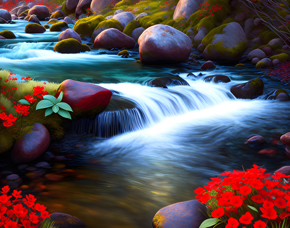 Tranquil stream with small waterfall, red flowers, and green foliage