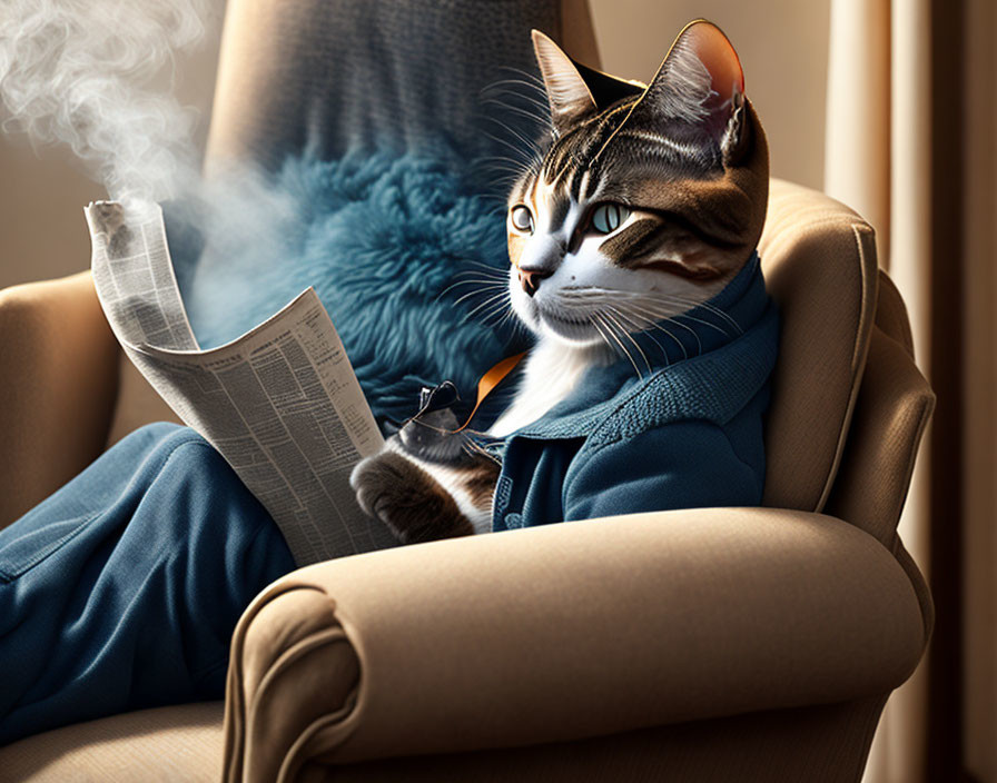 Cat in Suit Reading Newspaper with Beverage in Armchair