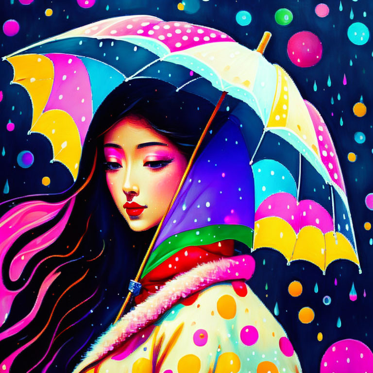 Colorful female figure with polka dots and umbrella on whimsical backdrop