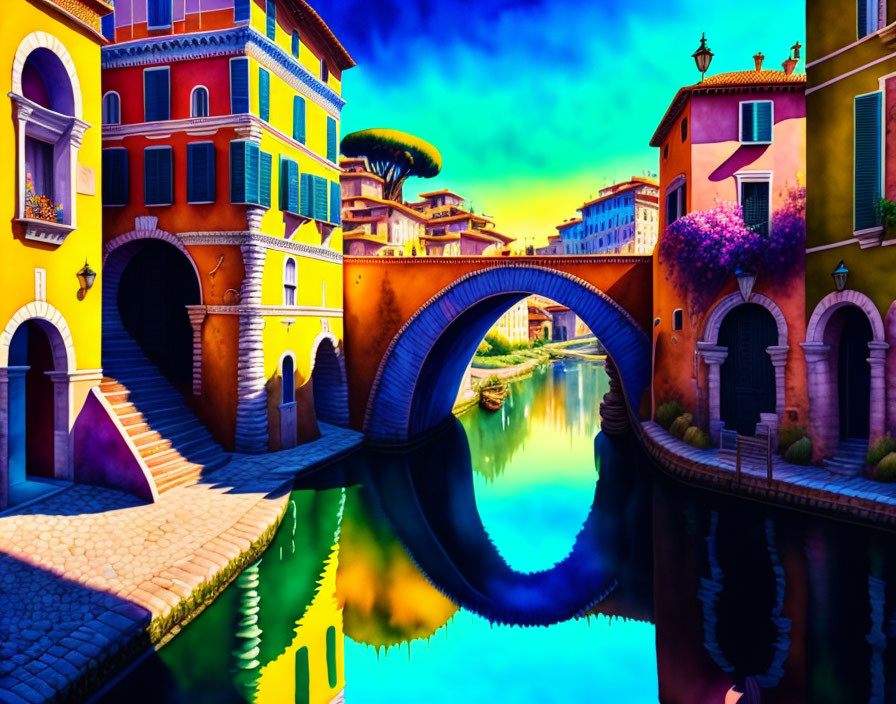 Colorful Venetian Canal Bridge Reflection at Sunset