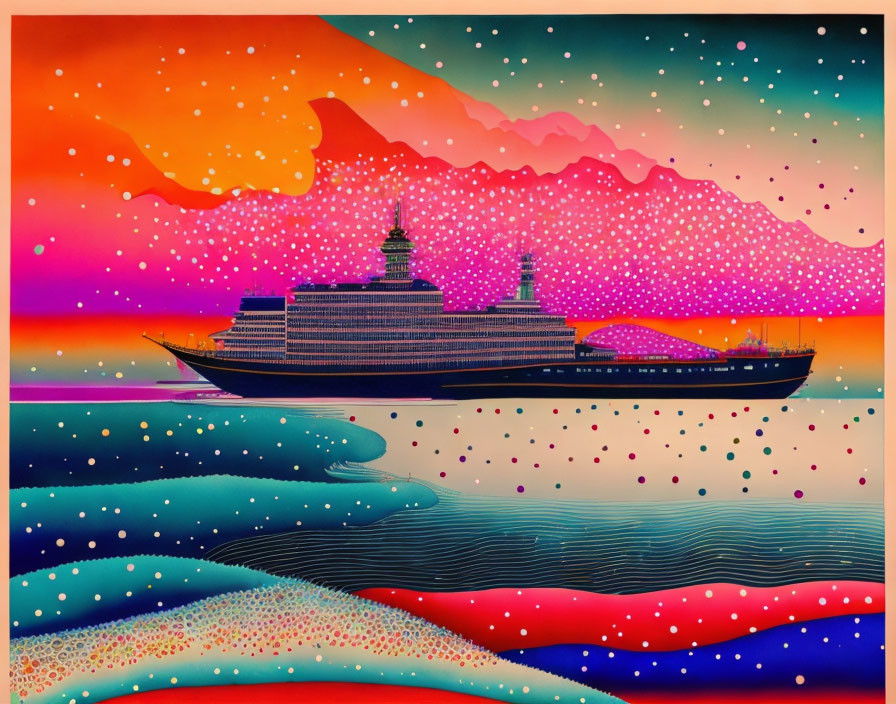 Layered multicolored seascape with vibrant sky and detailed ship floating.