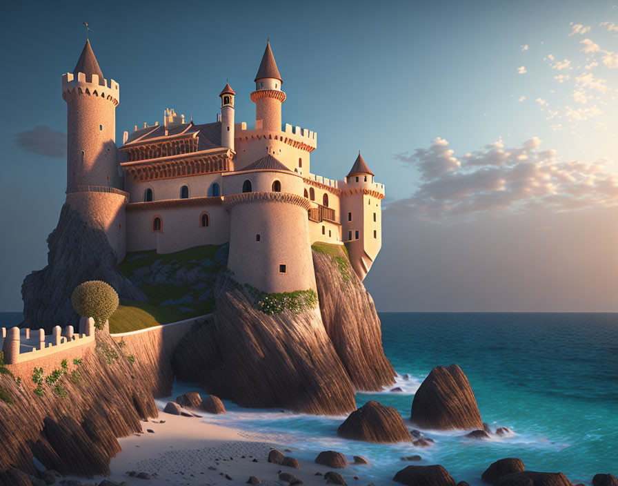 Majestic castle with towers on rugged cliffs by serene beach