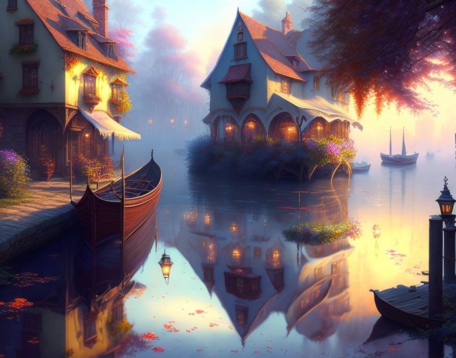 Tranquil fantasy village with quaint houses near serene river at misty twilight
