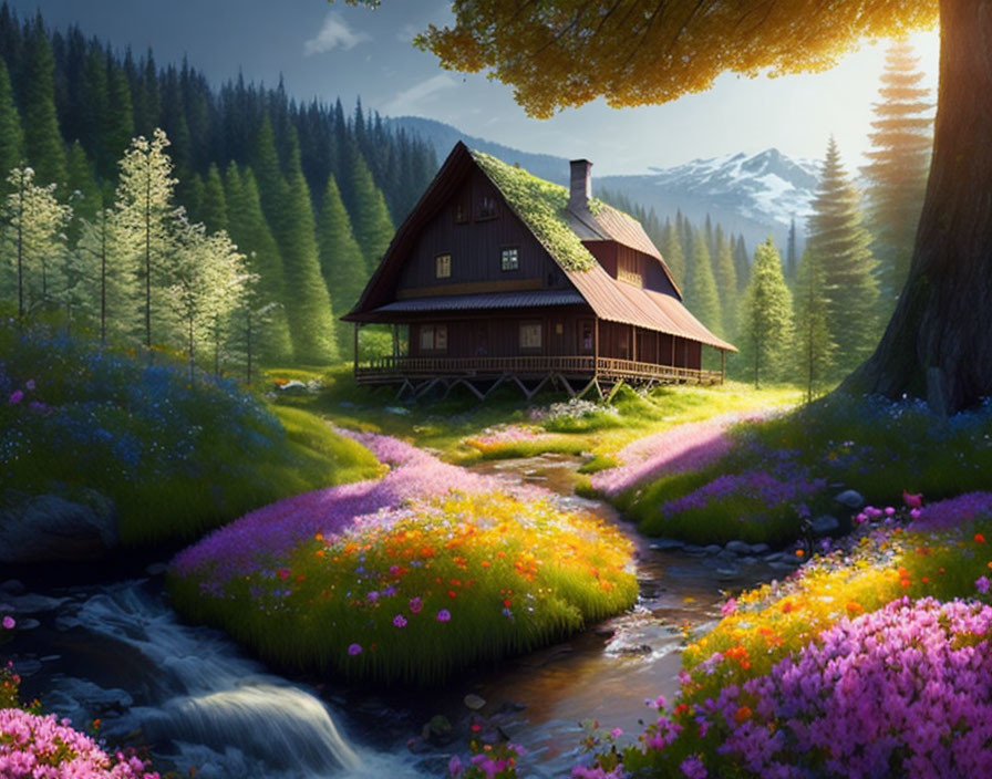 Tranquil landscape with wooden cottage, wildflowers, stream, forest, and mountain.