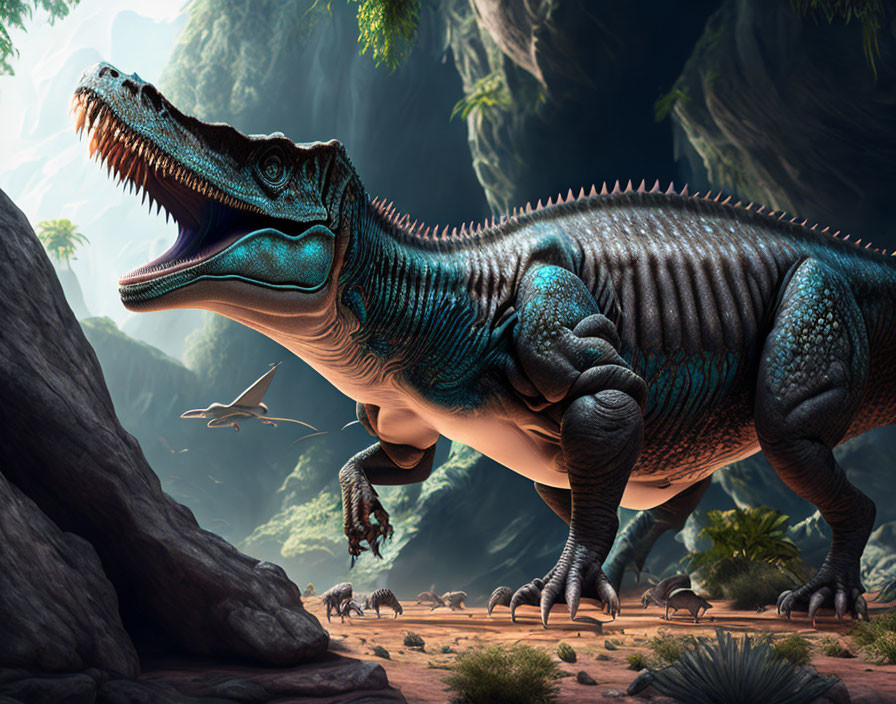 Realistic digital illustration: Blue and black striped Tyrannosaurus Rex in prehistoric jungle with flying