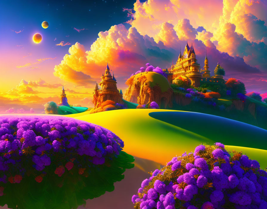 Fantasy landscape with enchanting castles, purple foliage, and multiple moons