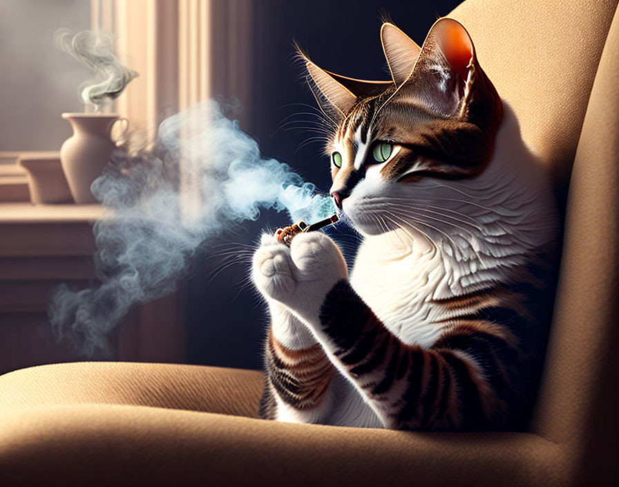 Contemplative cat by window with steaming cup and pipe humorously portrayed