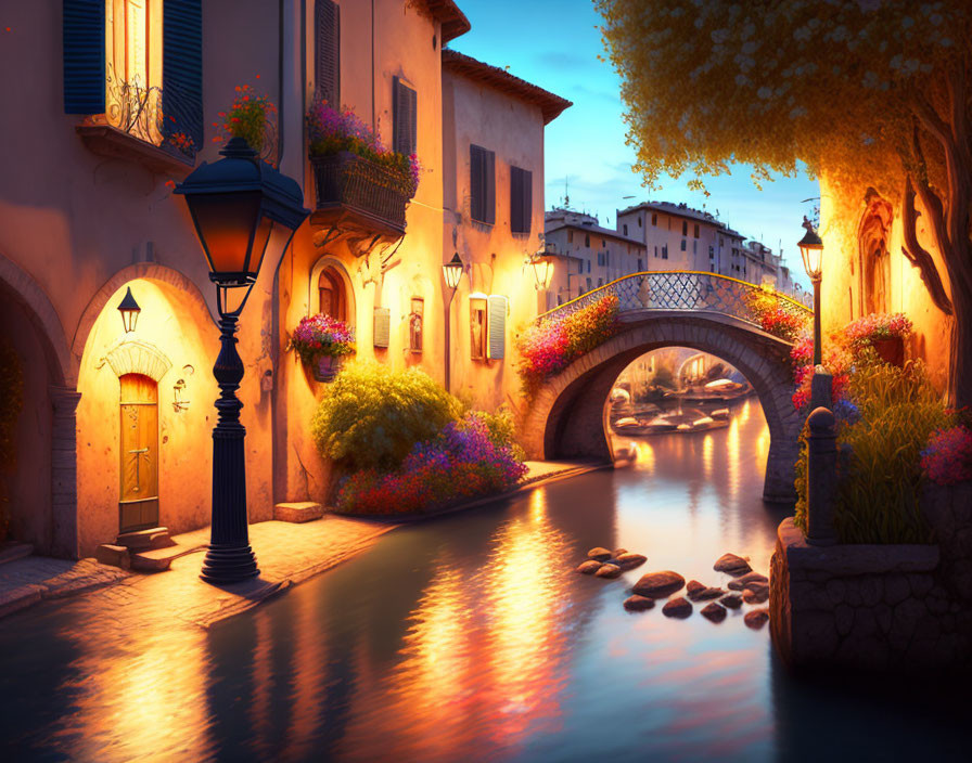European Canal Scene: Stone Bridge, Streetlamp, Charming Houses