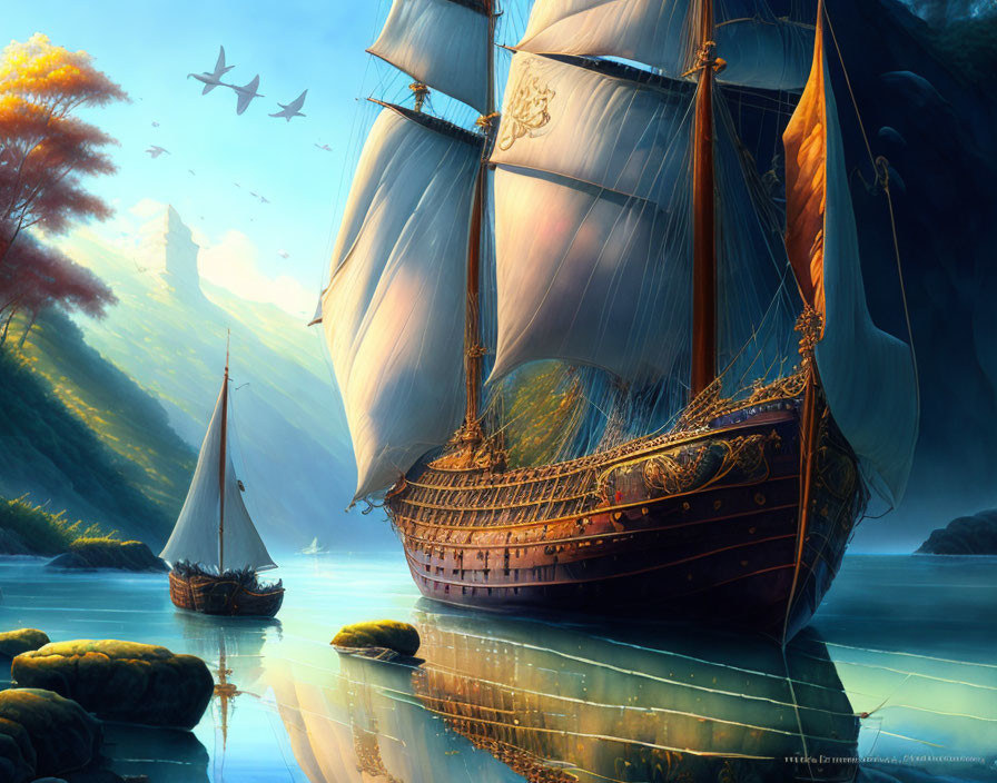 Majestic sailing ships on calm waters with lush greenery and mountains.