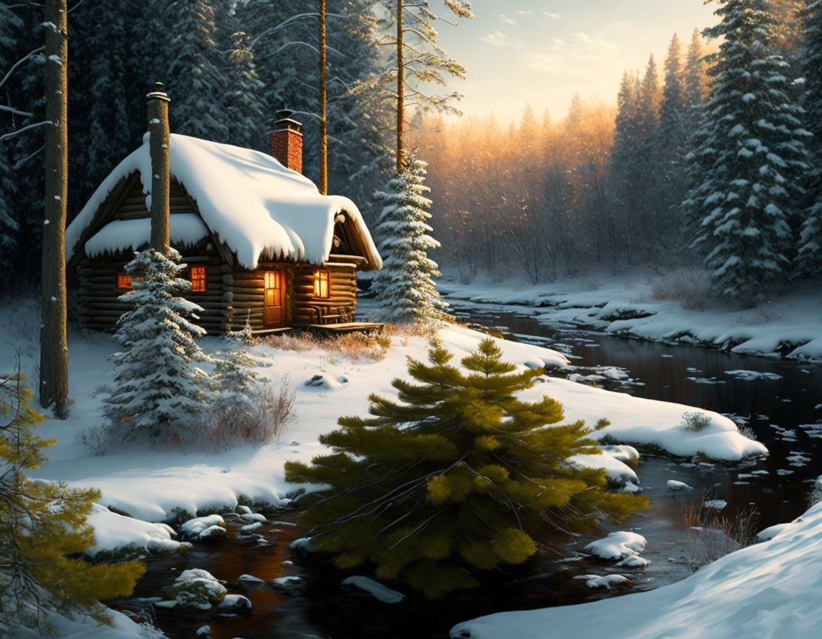 Snowy forest log cabin by tranquil river at twilight