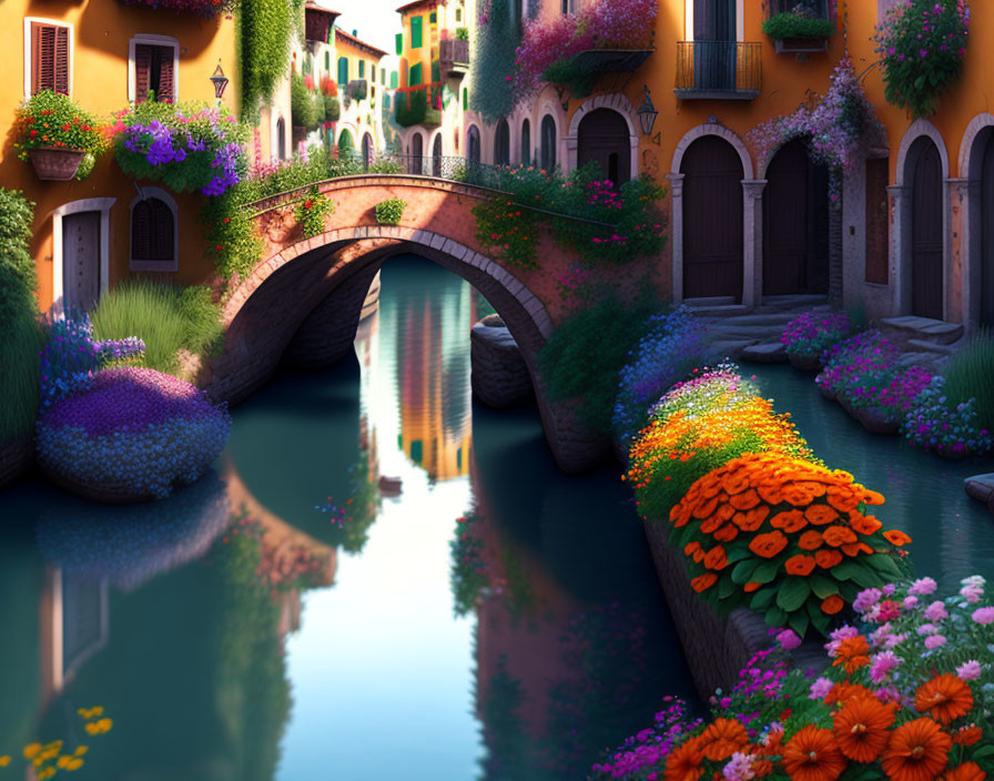 Vibrant stone bridge over serene canal with lush plants and colorful flowers