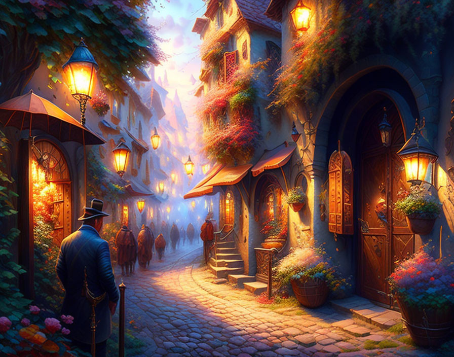 Vibrant evening street scene with glowing lamps and cobbled alley