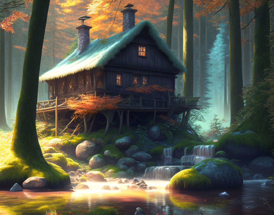 Stilted cottage in misty forest with stream and orange foliage