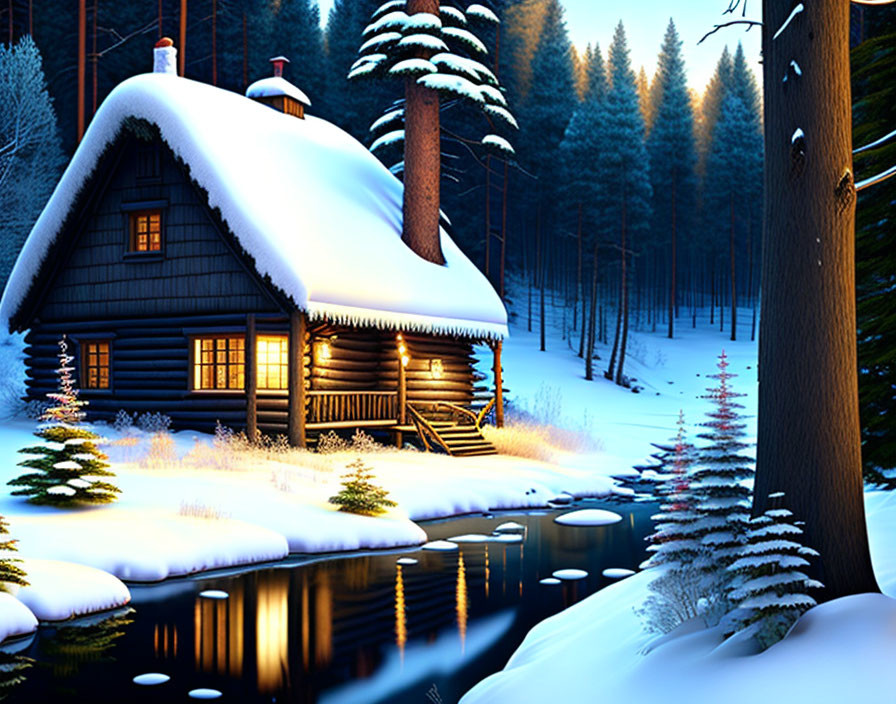 Snow-covered log cabin nestled among evergreen trees beside a frozen stream at dusk