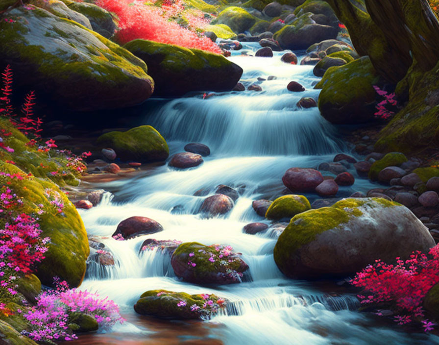 Tranquil stream with pink and green flora in forest landscape