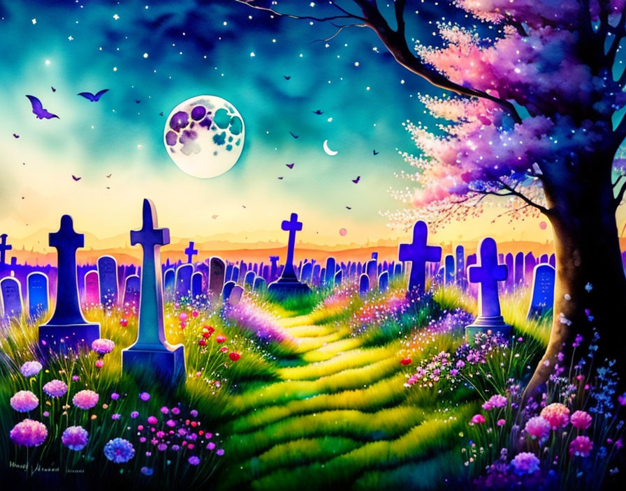Colorful night cemetery illustration with tombstones, tree, moon, and stars