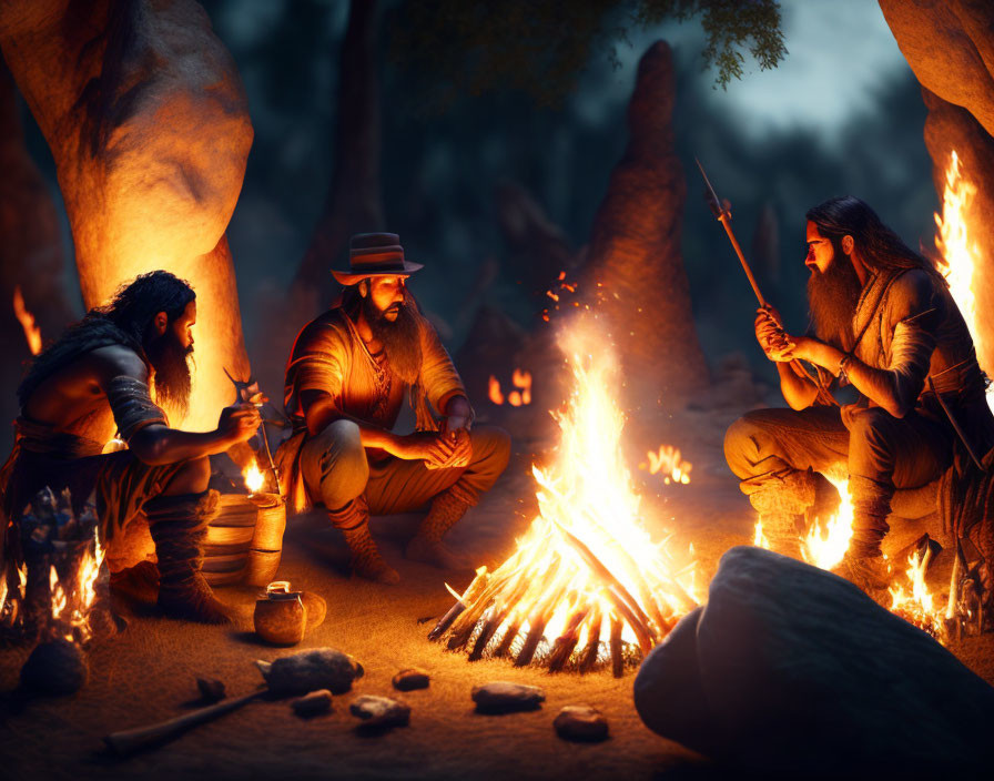 Three individuals in historical attire by campfire at night in rugged outdoor setting