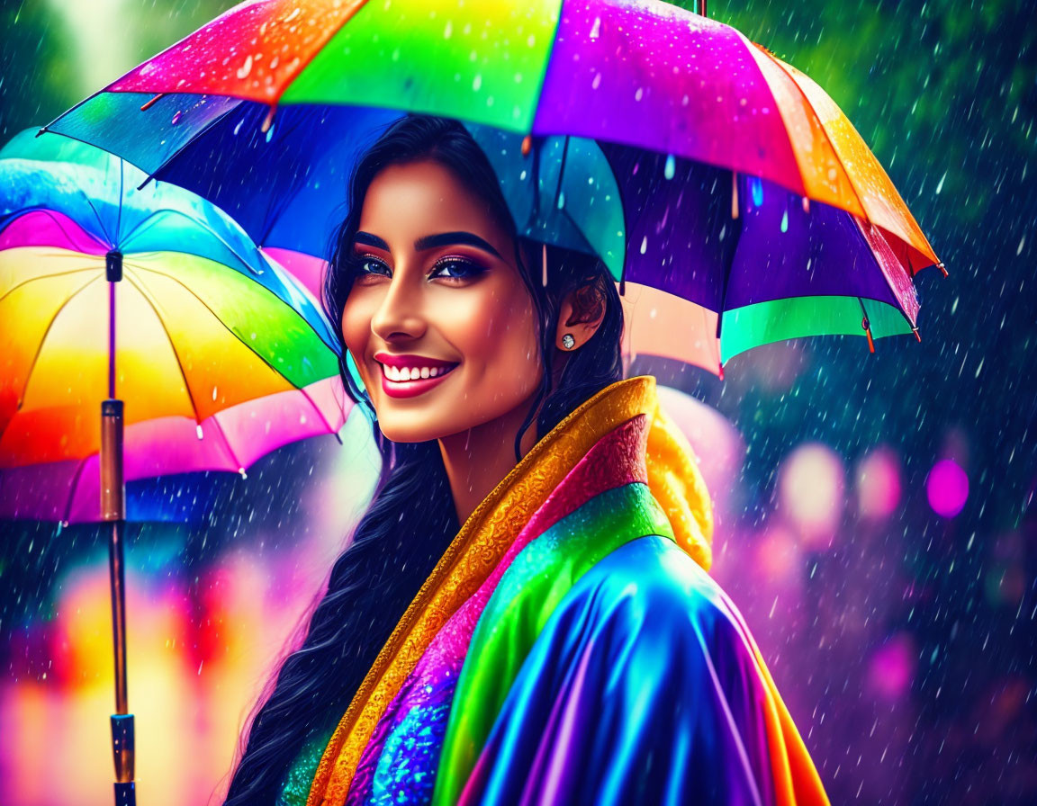 Woman Smiling Under Colorful Umbrella in Vibrant Raindrops