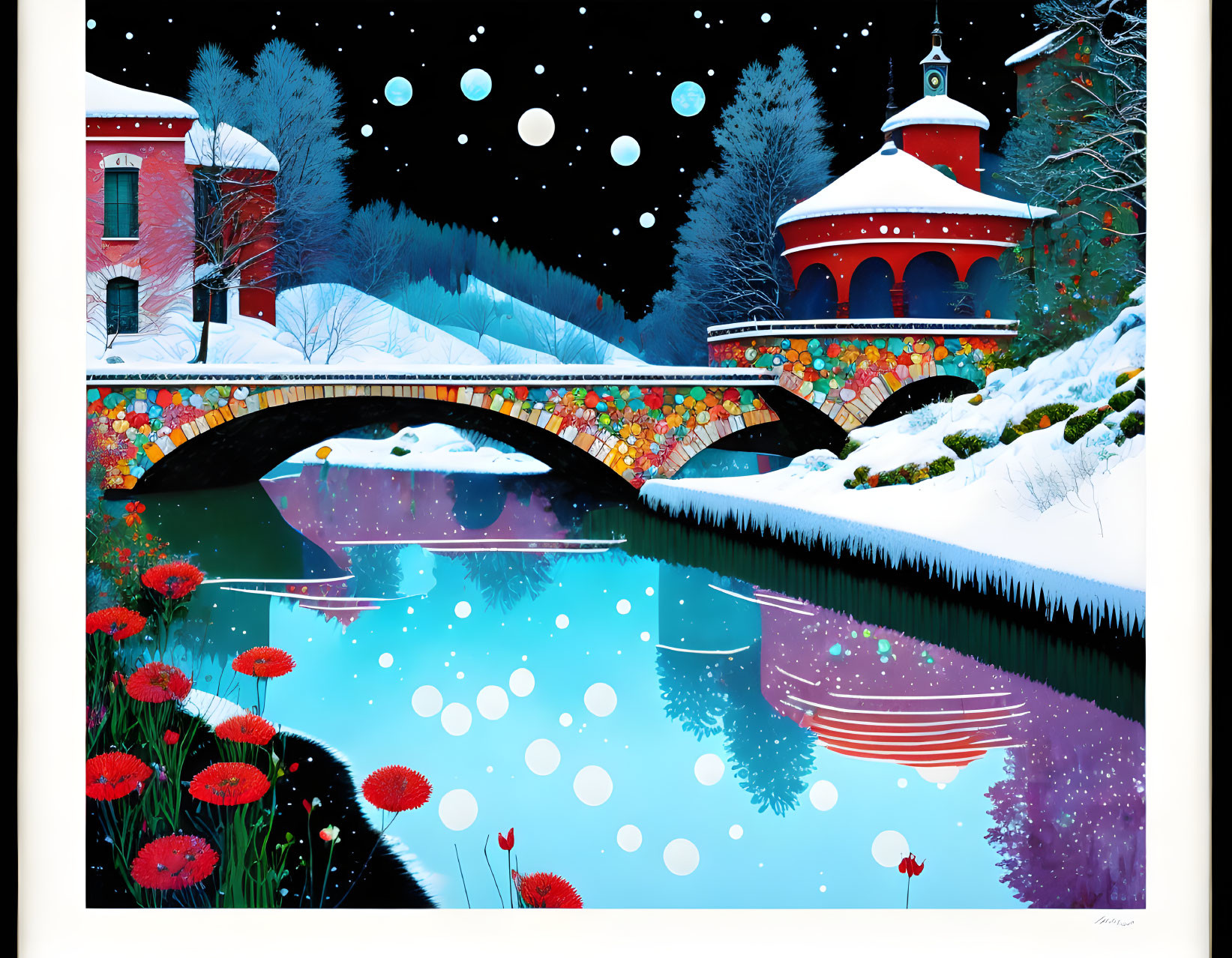 Winter scene with stone bridge, red flowers, colorful buildings, and night sky.