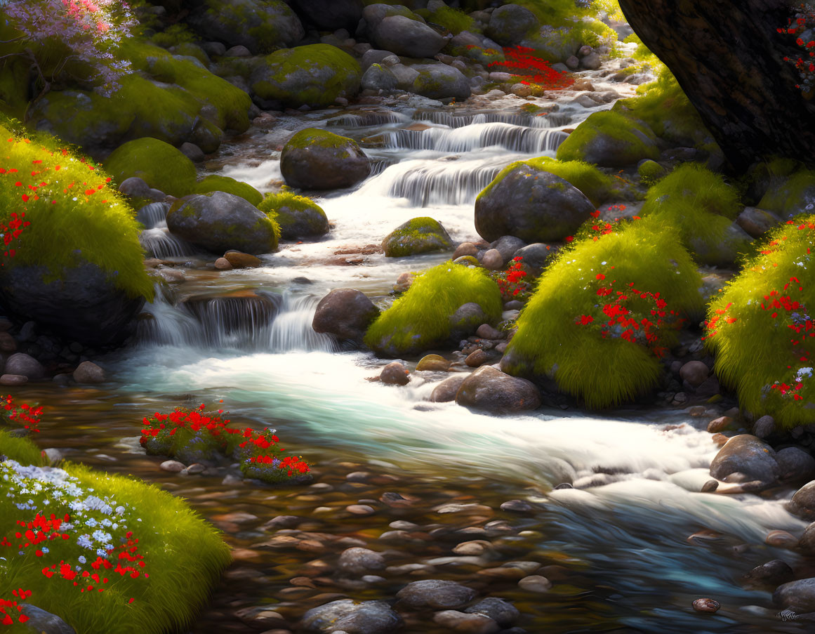 Tranquil stream flowing over rocks with lush greenery and wildflowers