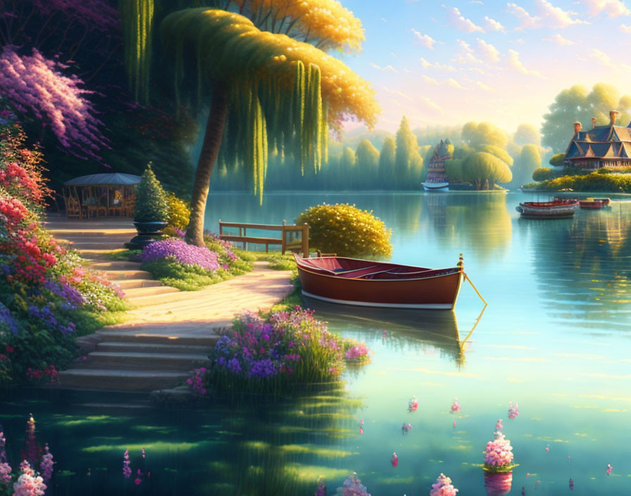 Tranquil lakeside landscape with trees, flowers, boat, and cottages
