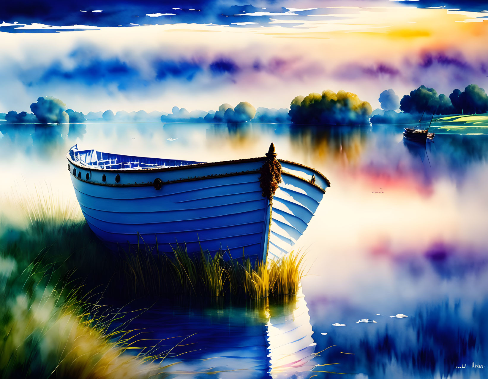 Serene landscape digital painting with boat, lush greenery, colorful sky