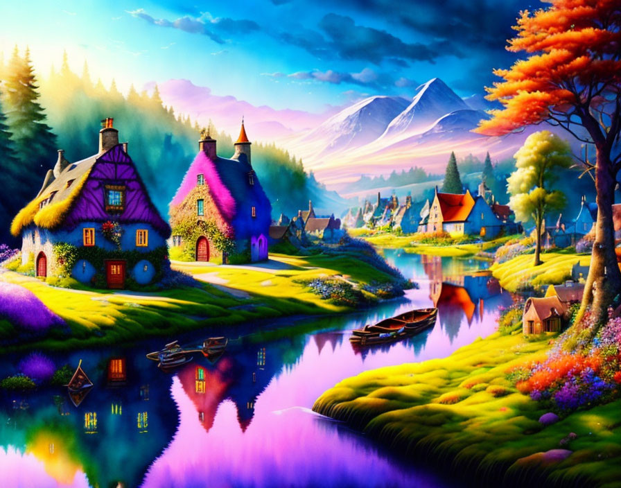 Colorful Thatched-Roof Cottages in Fantasy Landscape