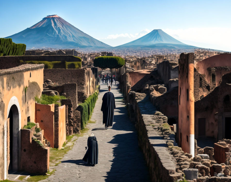 Ancient street with ruins and distant symmetrical volcanoes under clear blue sky