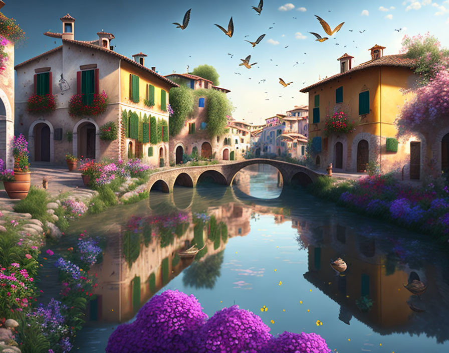 Colorful houses, stone bridge, river, greenery, flowers, and birds in serene village scene