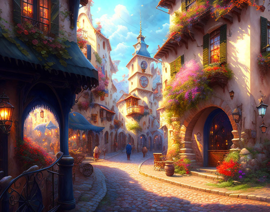 Picturesque village scene: cobblestone street, colorful flowers, clock tower, European-style buildings,