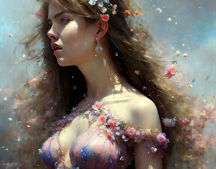 Fantastical portrait of a woman with flowers and jewelry in ethereal mist