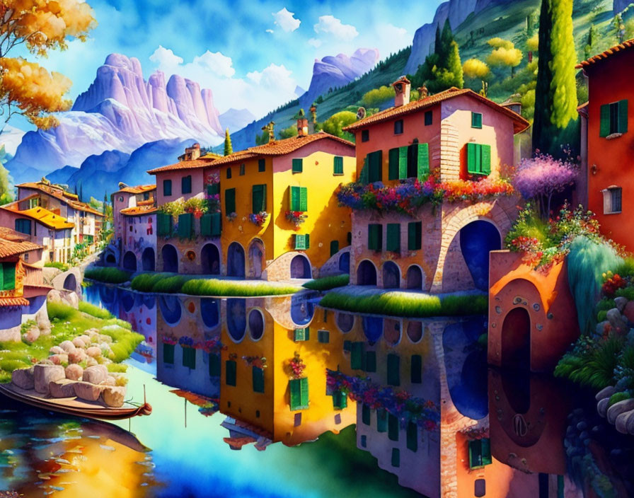 Colorful European Village Illustration with Canal and Mountains