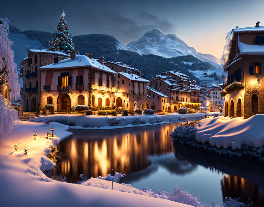 Snow-covered village with Christmas tree and river reflection