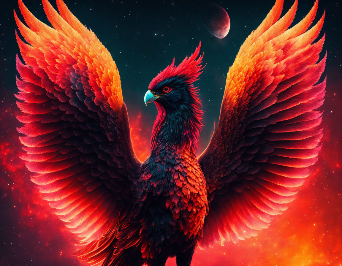 Majestic phoenix with red and orange feathers against cosmic starry backdrop