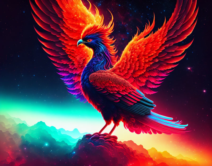 Mythical phoenix digital artwork with fiery wings on rocky terrain