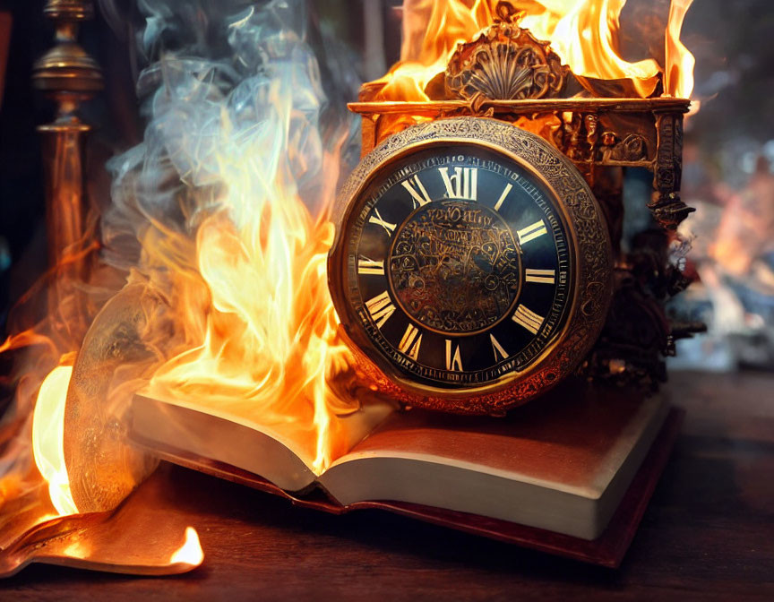 Vintage Clock on Burning Book Illustrating Time's Fleeting Nature