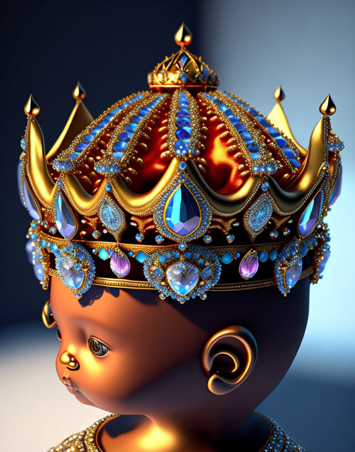 Golden-skinned baby in ornate crown with jewels - 3D rendering