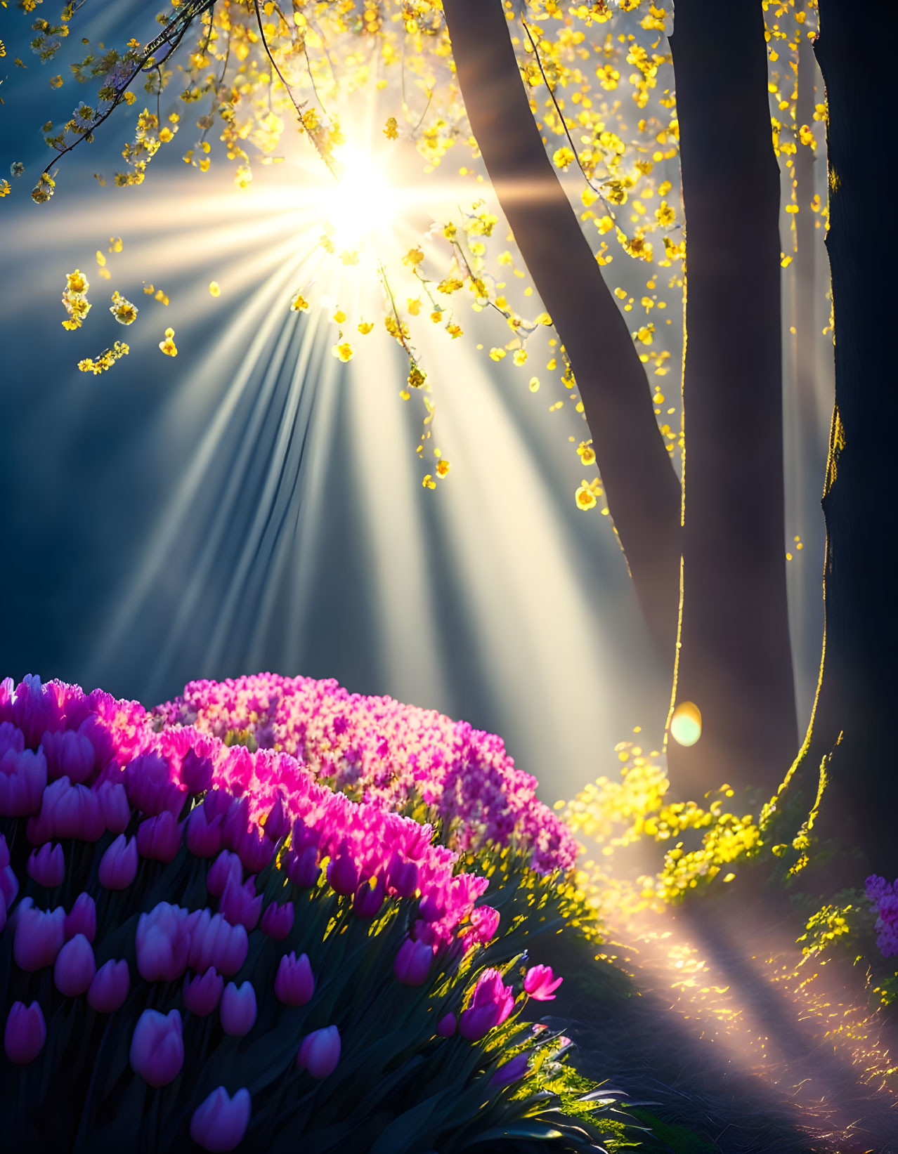 Sunlit Pink Tulips and Yellow Blossoms in Spring Forest