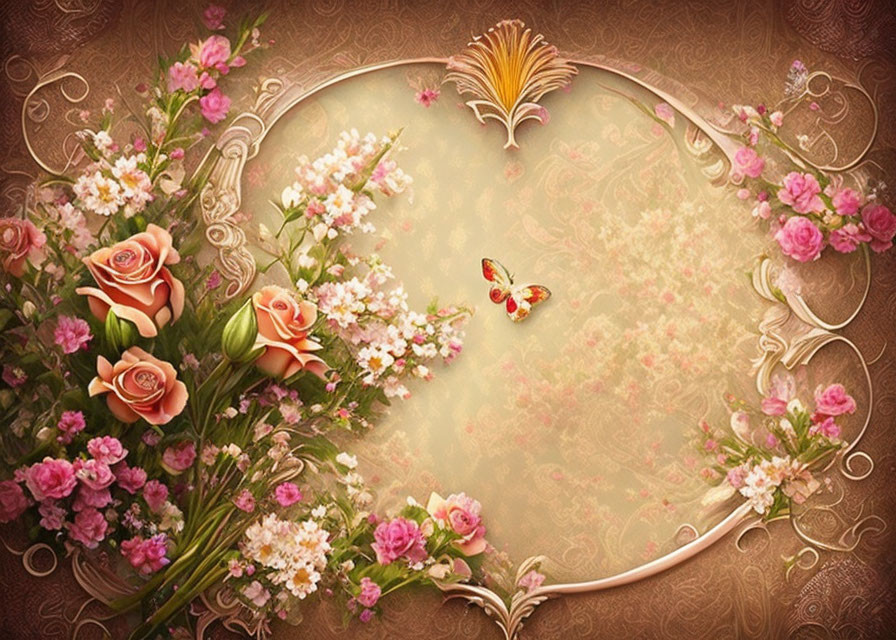 Vintage Frame with Roses, Flowers, Butterfly, and Gold Element