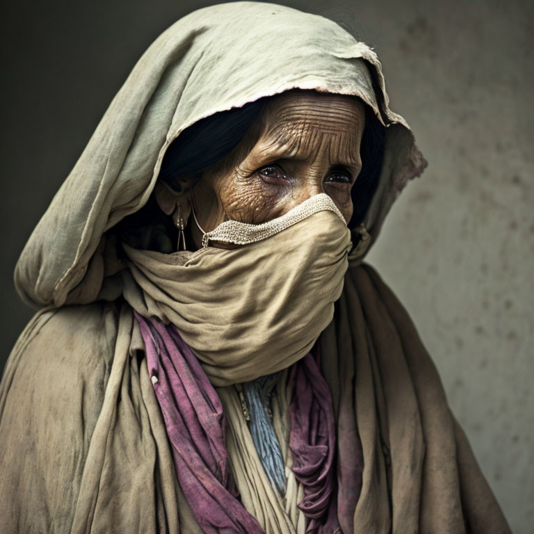 Elderly woman in earth-toned garments with shawl, expressive eyes and veiled face.